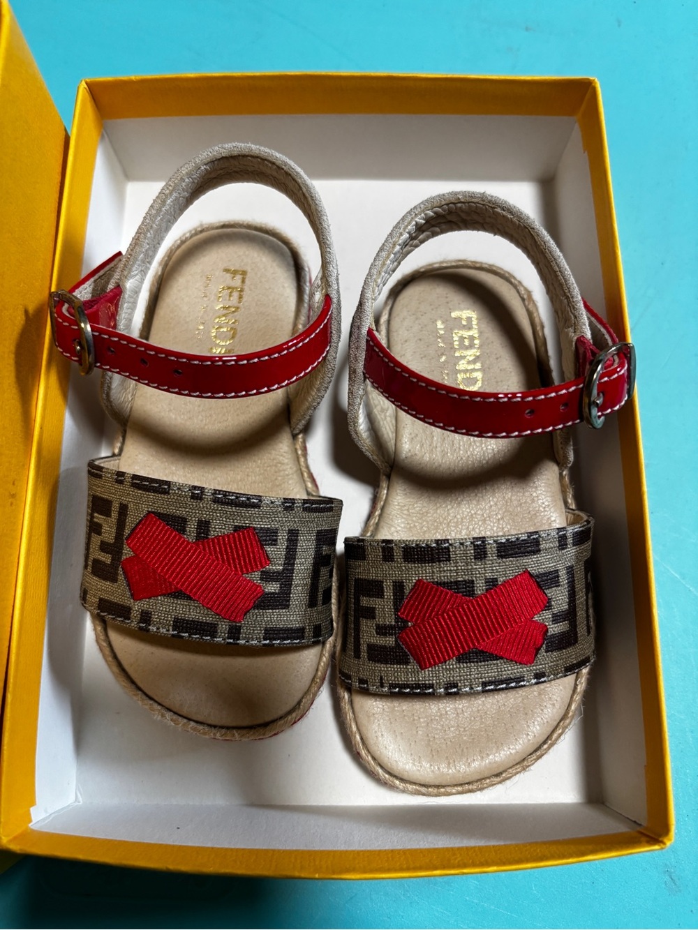 Authentic Fendi Kids Baby Girl FF Monogram Bow Sandals - Pristine with Box
